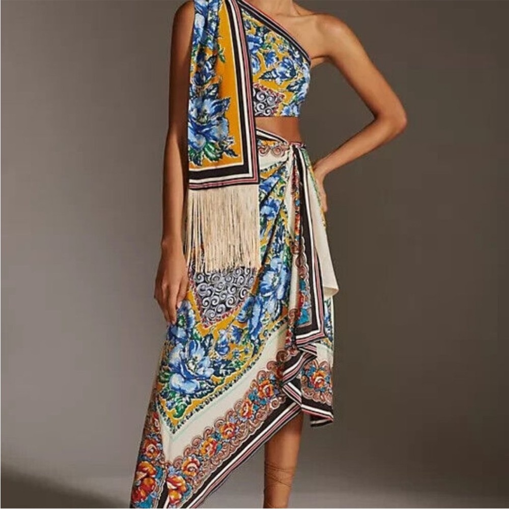 Anthropologie one shoulder silk scarf midi dress